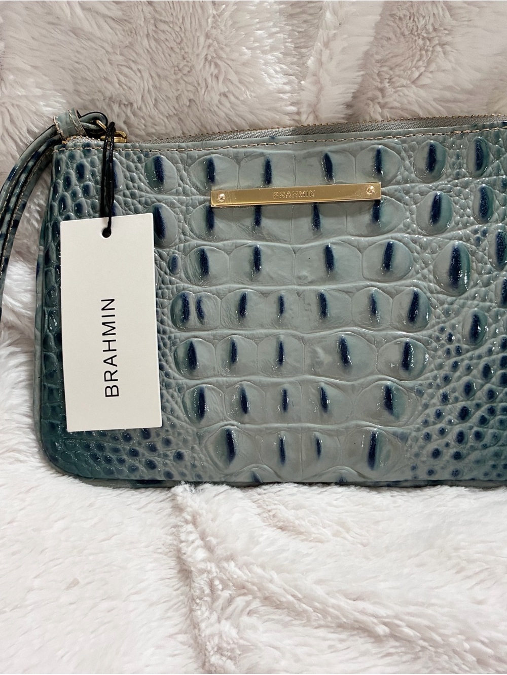 Brahmin Teal-Blue Croc-Embossed Leather Wristlet
